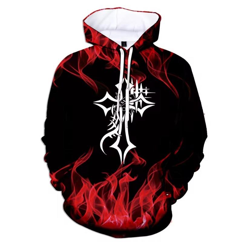 Fashion Autumn and Winter 3D Flame Men's Hoodie Hooded Sweatshirt Pullover Cross Printed Large Size Sweater