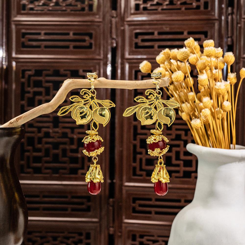 New Chinese antique beaded long fringed earrings, ethnic feng shui drop Hanfu accessories without ear clips