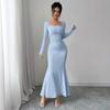 LYRIA Elegantní dlouhý rukáv Rybí ocas Šaty Dámské Módní Úzký střih Sexy Roucho Plná délka Kotník Sukně Běžná linie pasu