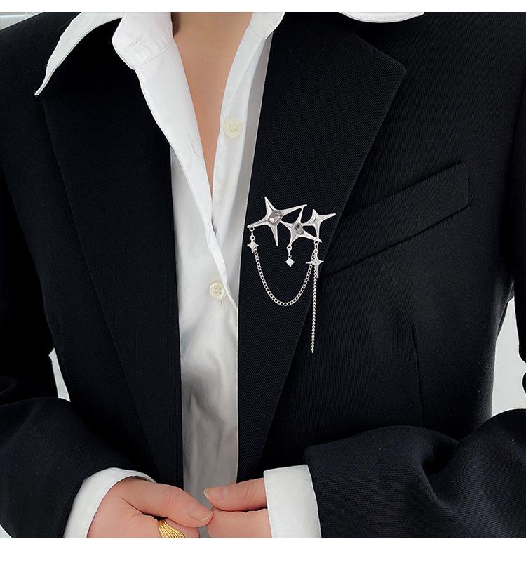 Korean Metallic Star Chain Brooch with Tassel - Niche Fashion Accessory