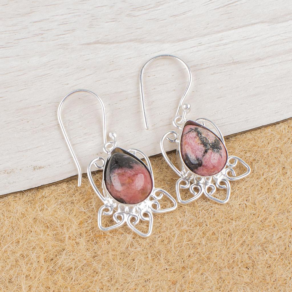 Smycken med svart rhodonit-ädelsten, örhängen i 925 sterlingsilver, handgjorda rhodonit-silverörhängen för bröllopspresent