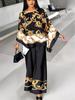Baroque Print Batwing Sleeve Top & Elastic Waist Pants Set