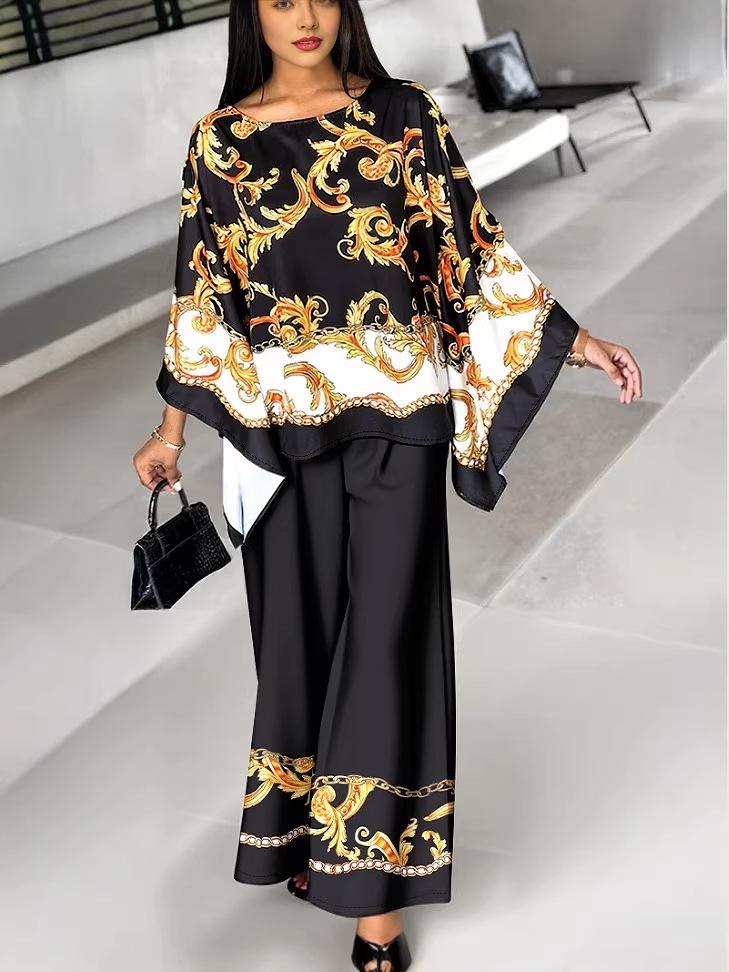 Baroque Print Batwing Sleeve Top & Elastic Waist Pants Set