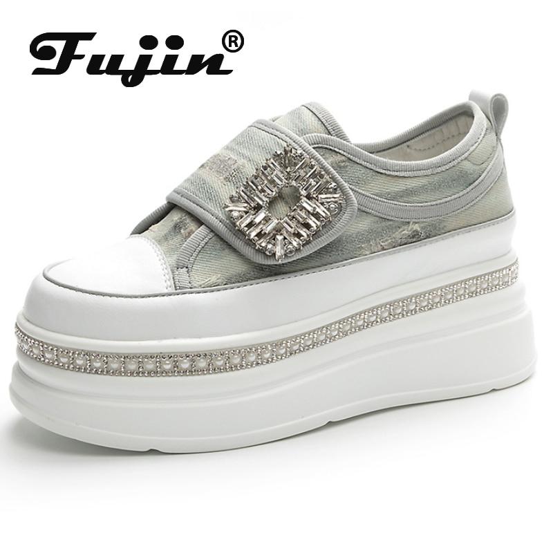 

Fujin/6 см джинсовая платформа на танкетке из натуральной кожи, повседневная обувь на весну, лето, осень, удобные брендовые кроссовки на массивном каблуке, обувь на скрытом каблуке