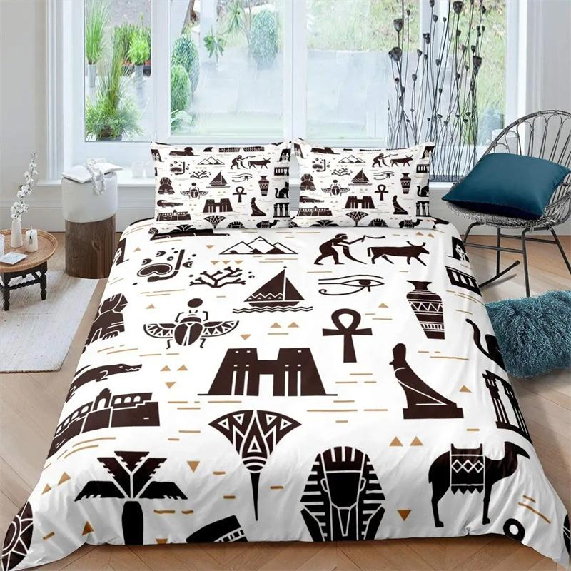 Ancient Egypt King Queen Duvet Cover Egyptian Symbol Bedding Collection Pharaoh Pyramid Boho Comforter Cover Soft Polyester Quilt Cover