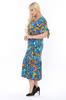 Women's Big Size Dress Plus Size Sleeves Rope Tie Turquoise Jungle Pattern Dress