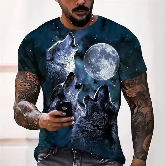 Summer Round Neck 3D Wolf Print Top Fashionable Casual Short Sleeved Men's T-shirts