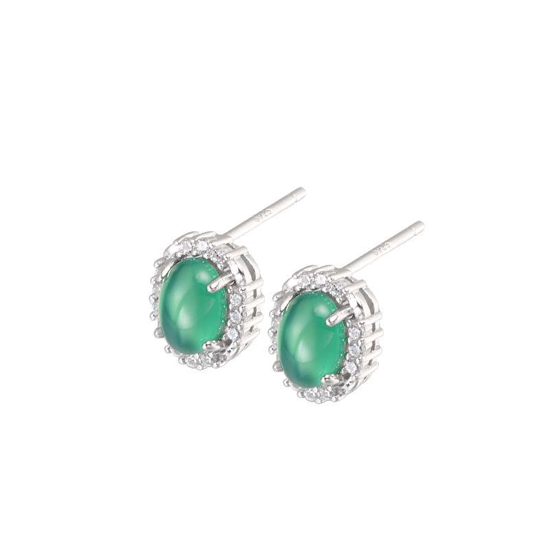 Natural Green Chalcedony & Rhinestone Stud Earrings in S925 Sterling Silver for Women's Elegant Daily Wear