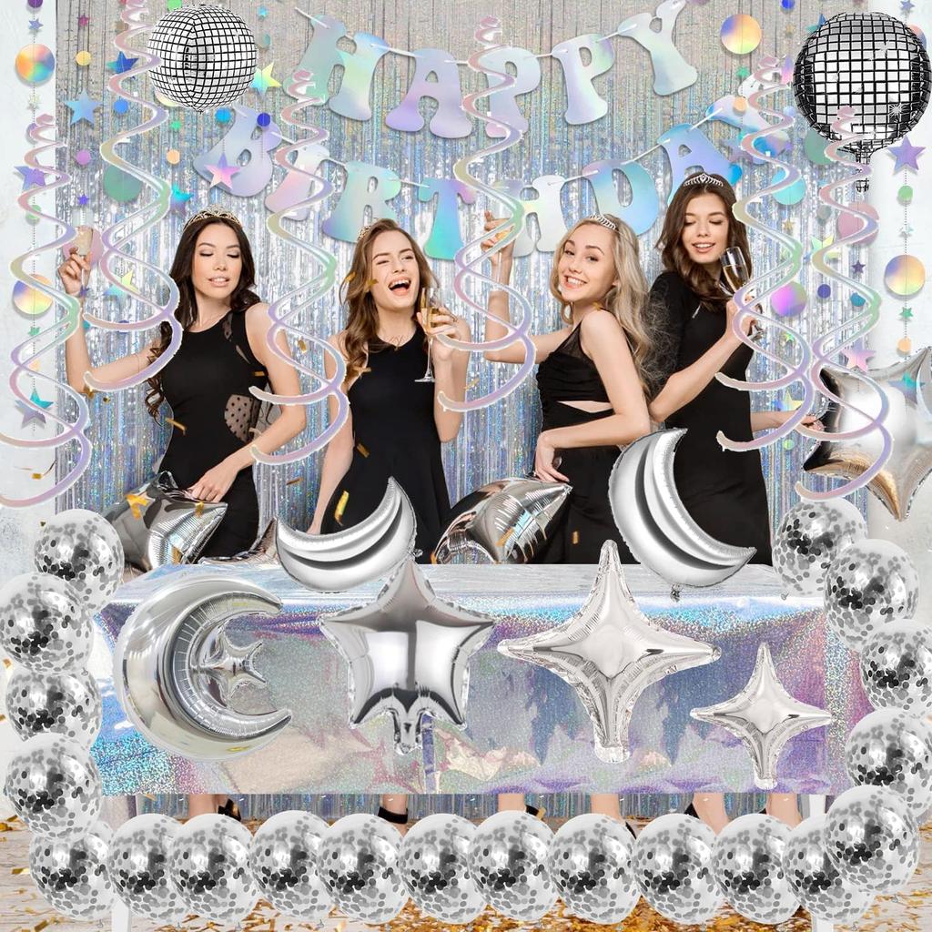 Disco Party Decorations, Iridescent Happy Birthday Banner Cute Foil Birthday Sign Hanging Streamer Balloon for 60s 70s 80s Women Men Cool Retro