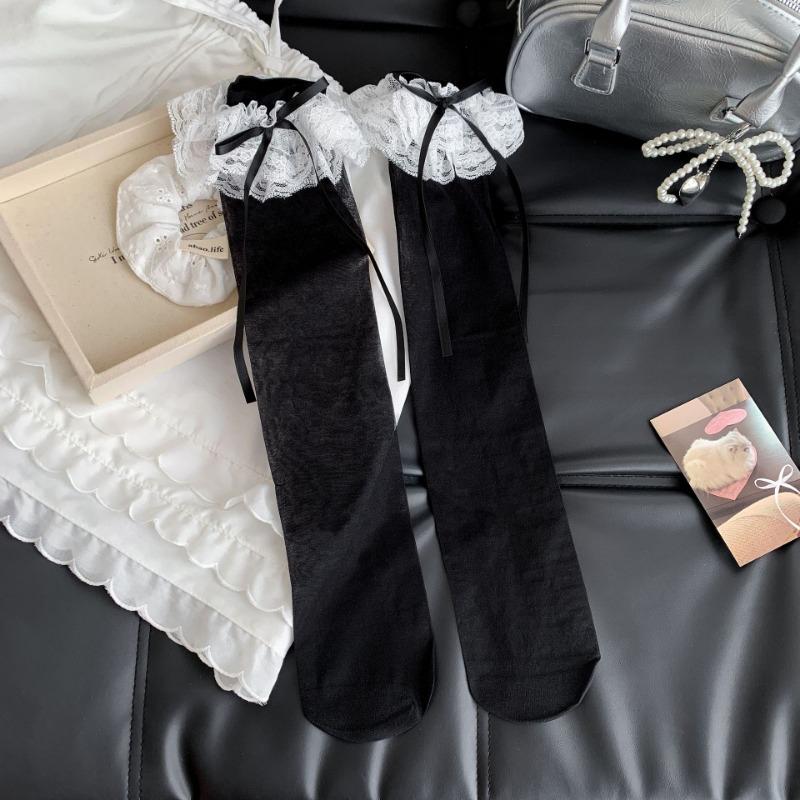 

Женские летние ультратонкие кружевные носки до икры в милом балетном стиле с кружевной лентой и бантом 1 pair чёрный