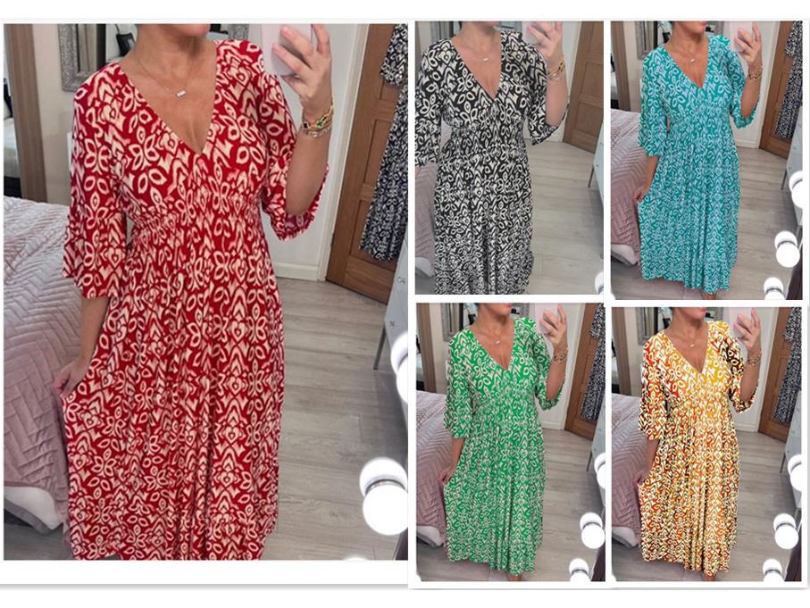 Women's V-neck Floral Dress for Beach Holiday, Digital Print, Loose Fit