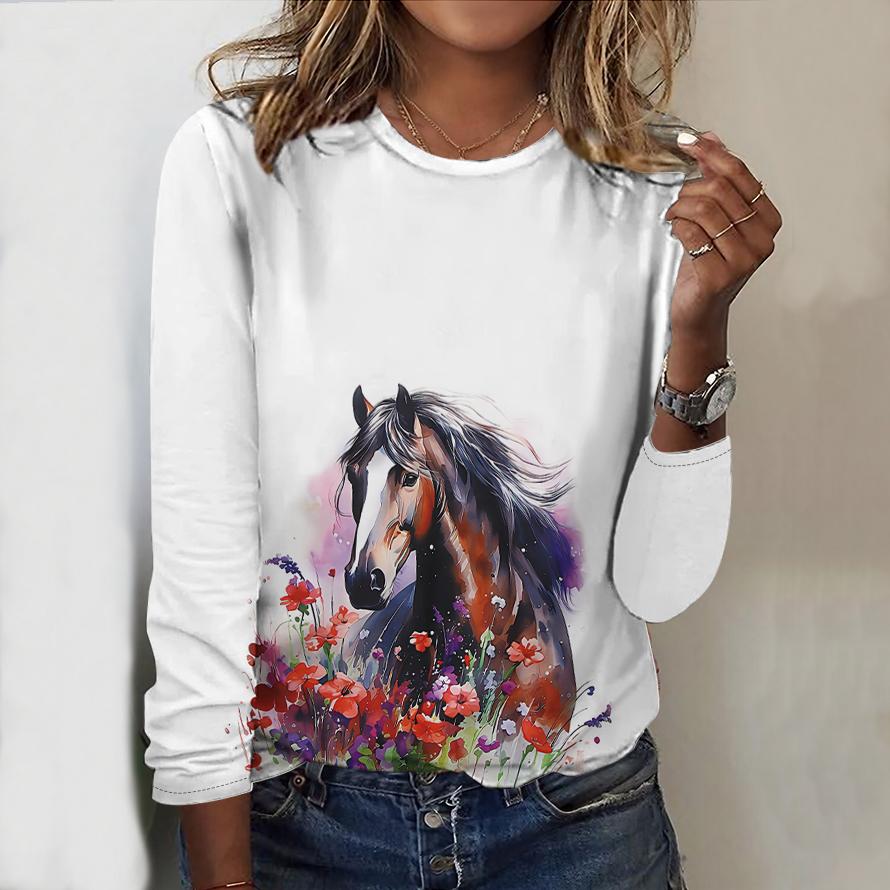 Tops For Women Oil Painting Horse Print Round Neck Long Sleeve T-shirt Fall Casual Slim Pullover Women's Long Sleeve Top