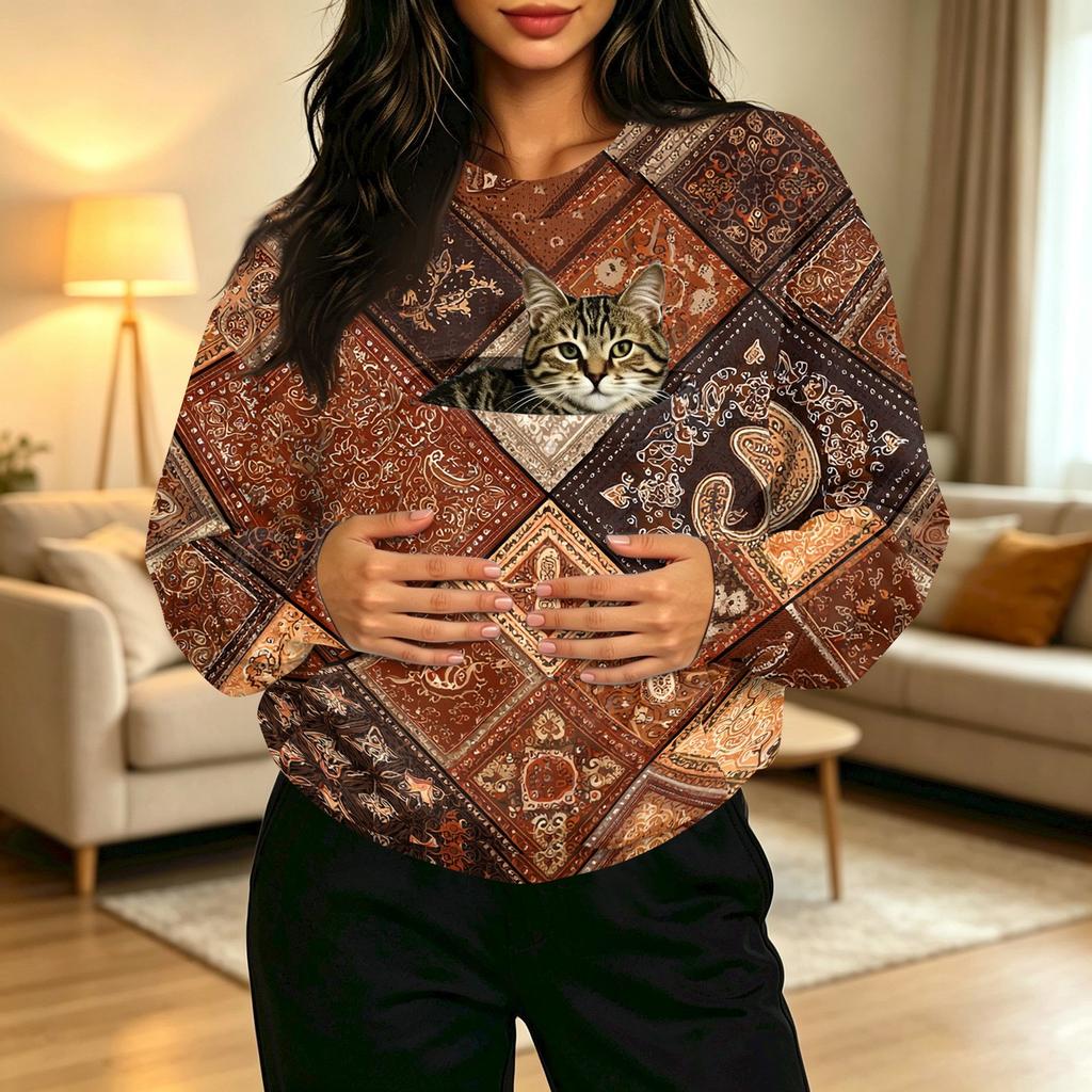 Women's Casual Crewneck Vintage Print Long Sleeve Sweatshirt with Front Pocket