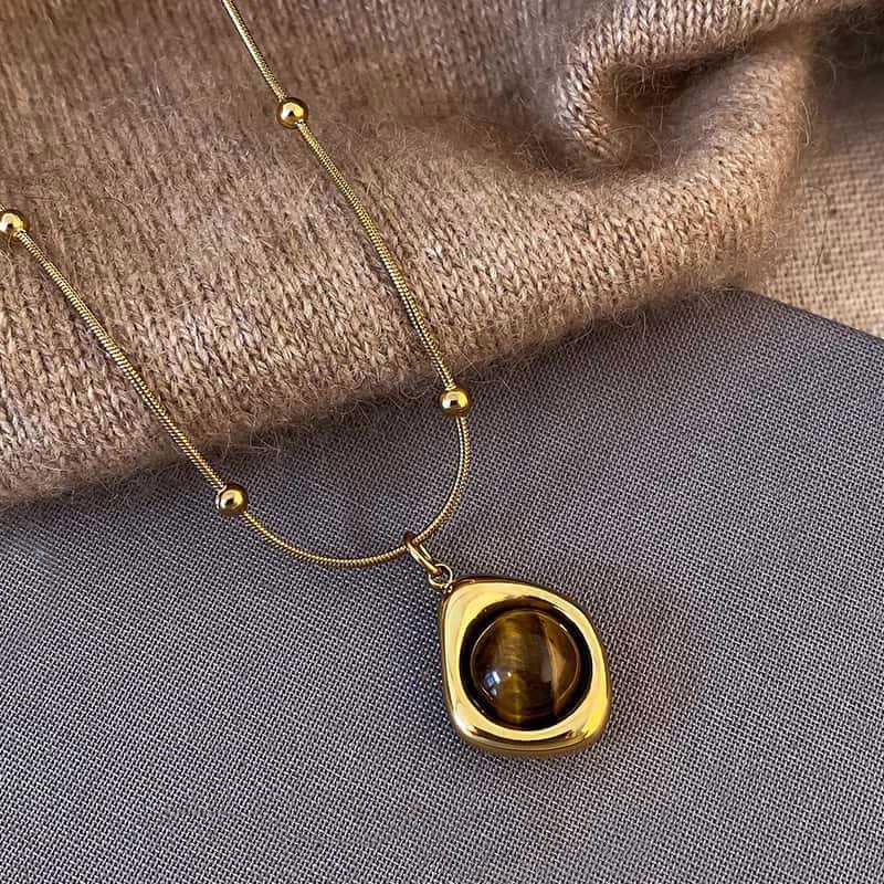 Retro Temperament Layered Tiger Eye Stone Pendant Necklace For Women Stainless Steel Double-Layer Collarbone Chain Sets Jewelry