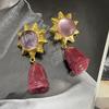 Vintage Pink Crystal Sunflower Stud Earrings with Rose Pendant for Women