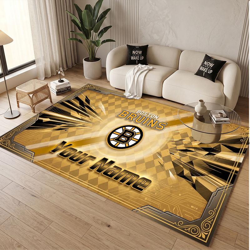 Custom Rug Boston Bruins Pattern Print Name Text Soft Non‑Slip Floor Carpet for Home Indoor Decoration