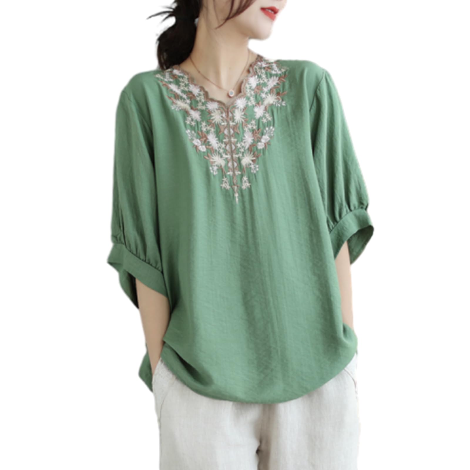 

JoccKorr Короткая хлопково-льняная вышитая цветочная свободная милая повседневная женская футболка, пуловер, блузка с V-образным вырезом, рукав, рубашка, принт, посадка, повседневная, зелёный