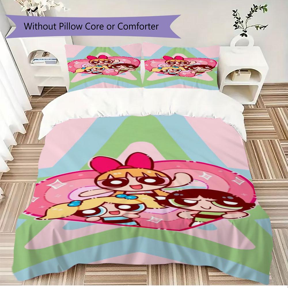 Cartoon Powerpuff Girls print children's duvet cover set, soft and skin-friendly, available in multiple sizes, bedroom bedding.