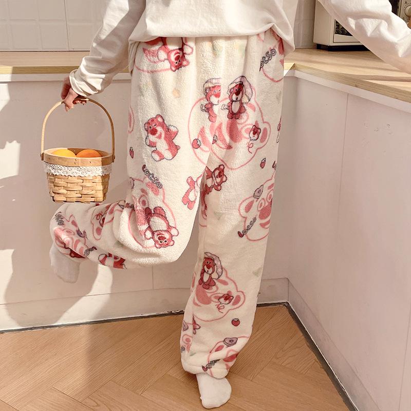 Korean Style Women's Fleece Pajama Pants - Flannel Cartoon Design for Autumn and Winter