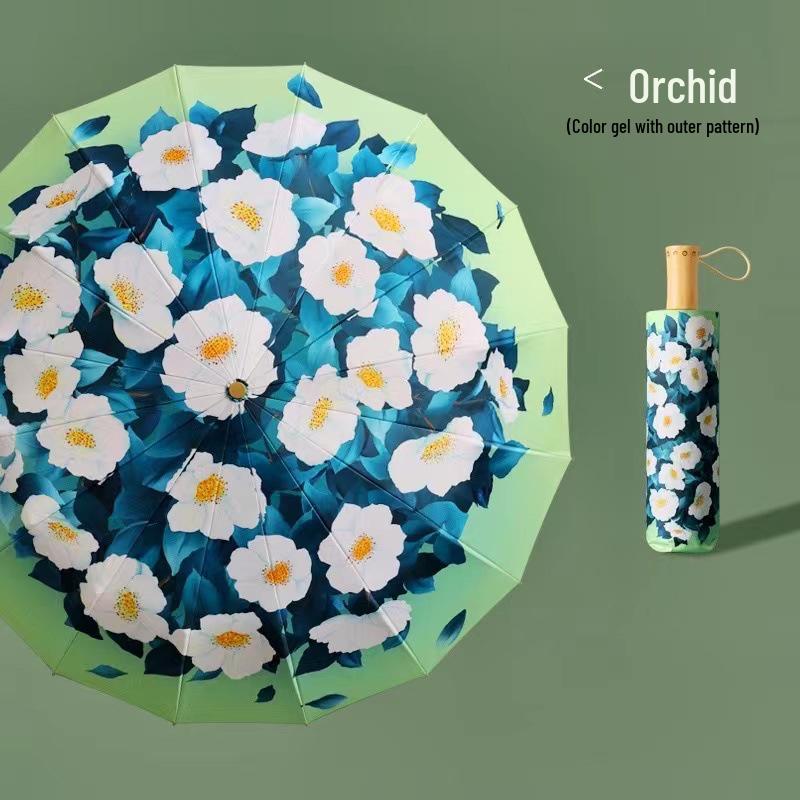 Compact 16-Rib Dual-Use Sunshade & Rain Umbrella, Hand-Open Folding, with Color Vinyl Digital Print and Sunscreen Protection.