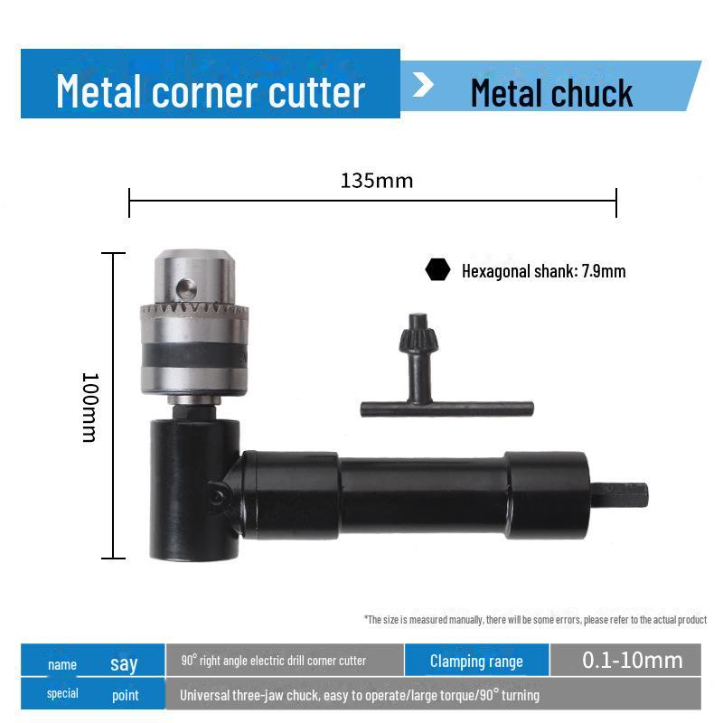 Electric Right Angle Drill Adapter with Three-Jaw Chuck for Tight Spaces