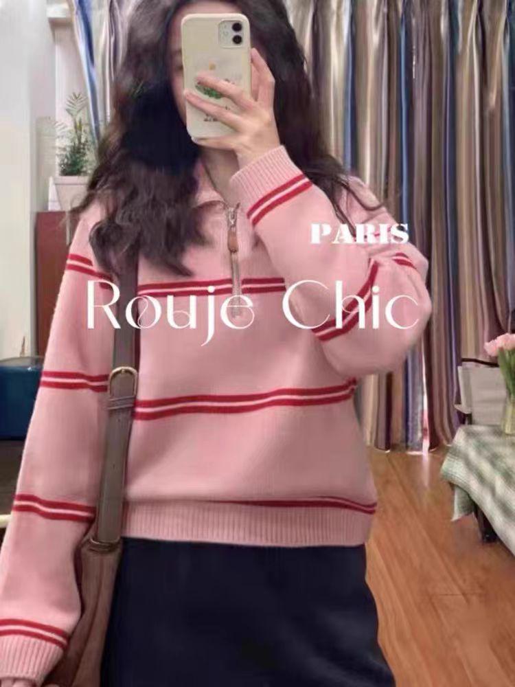Women's Striped Wool Cashmere Sweater - Thickened Collar, Versatile Loose Knit Base Layer for Autumn & Winter