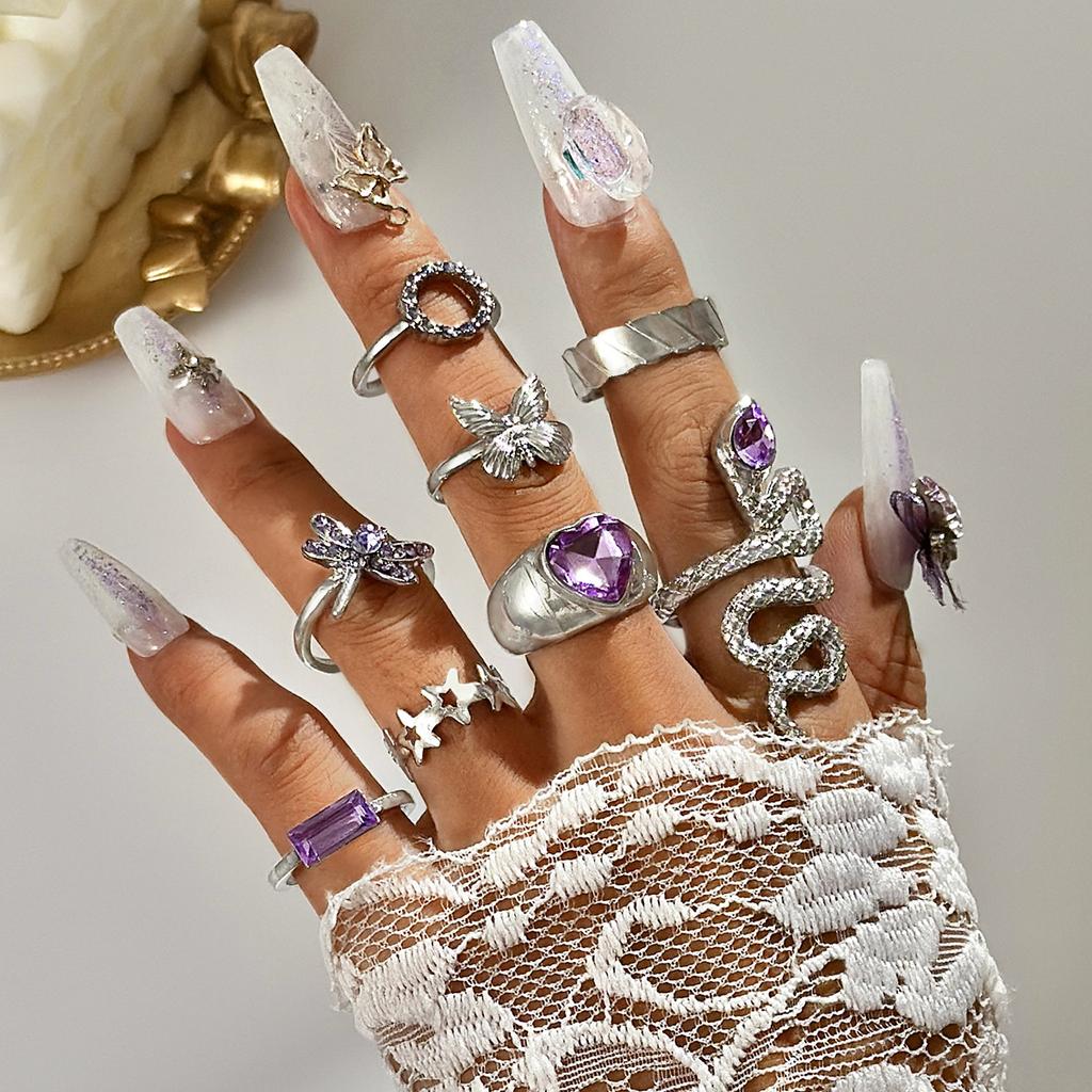 European and American new dripping butterfly imitation gemstone and diamond ring set Geometric twist ring seven-piece set