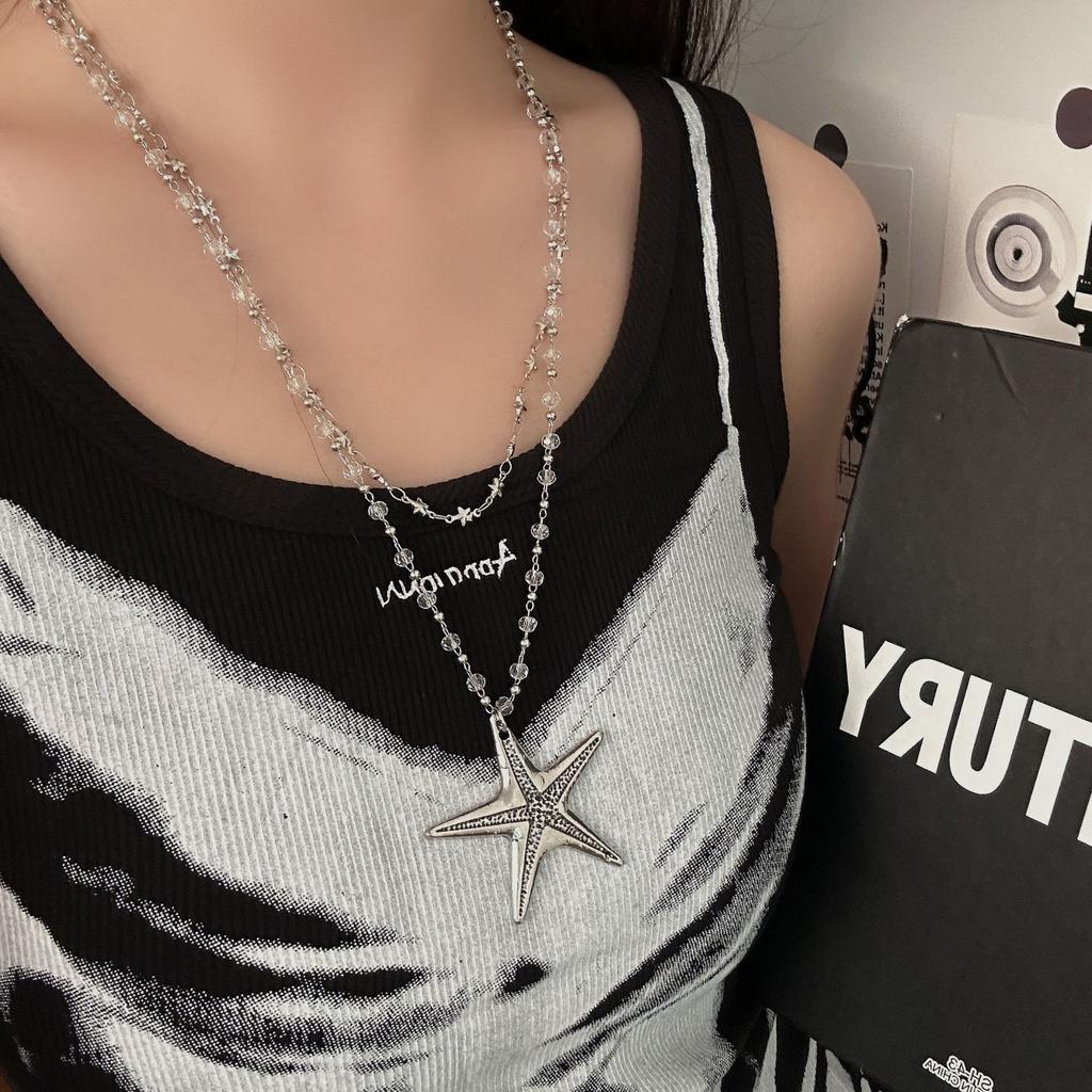 European and American new minimalist star double-layer silver starfish beaded necklace long sweet and cool Spice Girl style accessories women