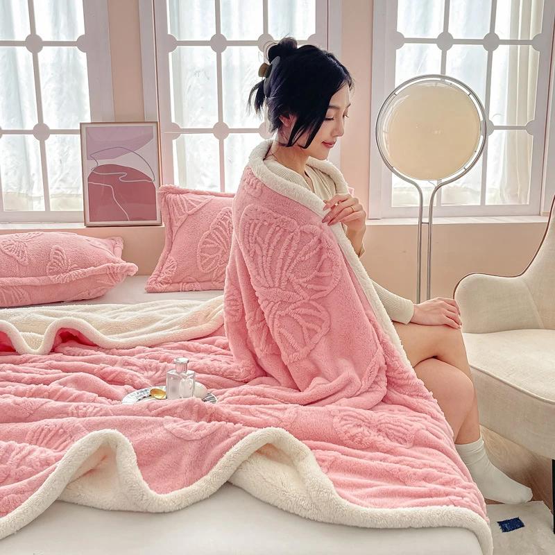 New Butterfly Tafu Velvet Blanket Warm Autumn Winter Soft Fluffy Bed Sofa Blankets Office Nap 2 Layer Thickened Throw Blanket