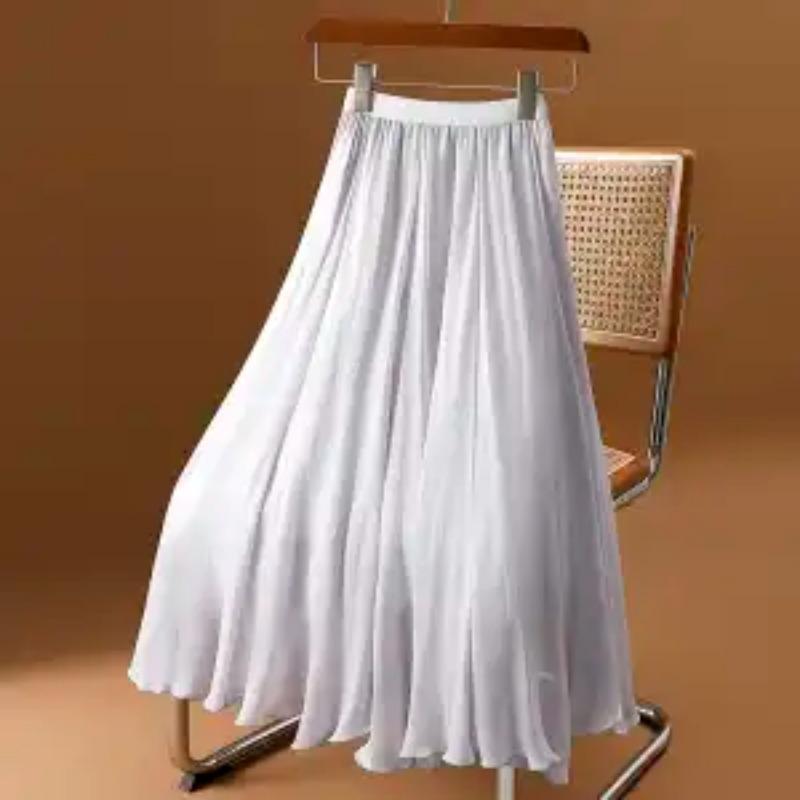 Spring Summer Chiffon Maxi Flowy Ruffle Hem Elastic Waist Long Skirt for Casual