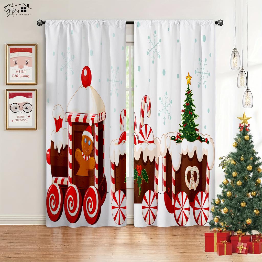 2-Piece Christmas Decor Drapes Fireplace Christmas Tree Cartoon Print Design Bedchamber Dining Room Party Decoration Curtains