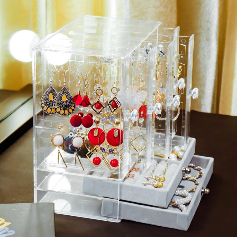 A Clear Earring And Necklace Display Case, Vintage Plastic Storage Case With Drawers For Bracelets, Rings And Accessories