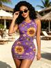 Women's Orange Base Purple Tropical Leaf Print Sleeveless Bodycon Mini Dress, High Waist Form-Fitting Beachwear