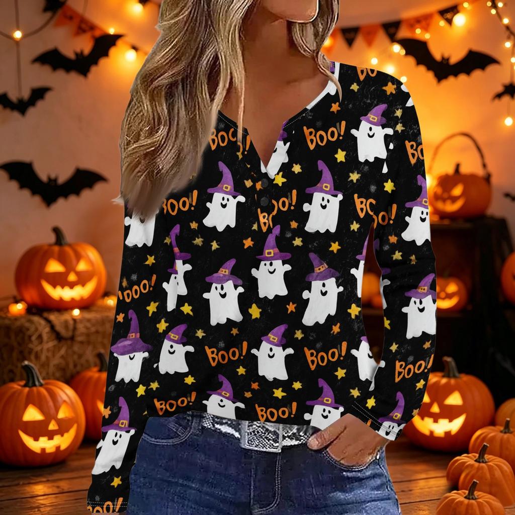 Women V Neck Button Long Sleeve Top with Halloween and Letter Print Casual Loose Fit Shirt for Autumn
