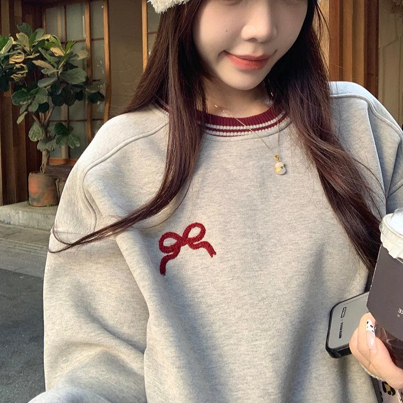 Damen Rundhals Langarm Sweatshirt Lockerer Schnitt Koreanisches Lässiges Oberteil Fleecegefüttert Schleifenstickerei Farbblock Gestreift Winter Warm Pullover