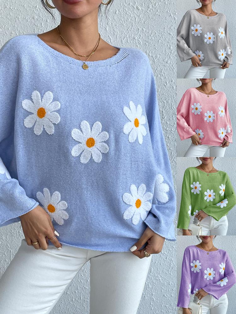 Sweet flower loose knit top embroidered one shoulder pullover sweater S синий 2449₽