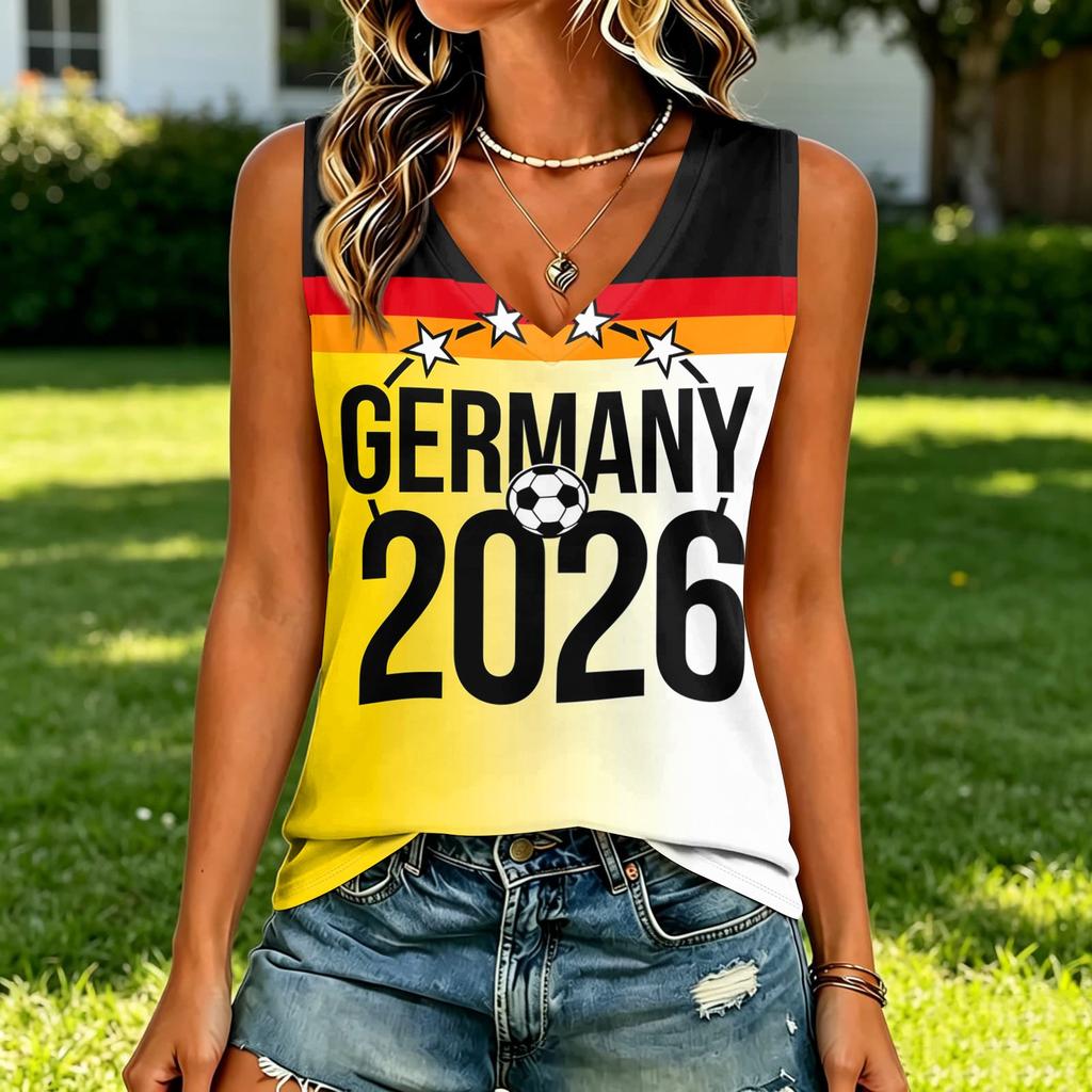 Women's Casual V Neck Sleeveless Soccer Support Tank Top National Flag Print Summer Shirt Lightweight Breathable