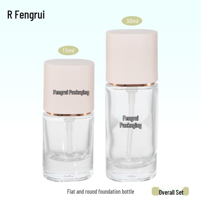 

Flat Round Pink Cap Press Pump Glass Bottle for Foundation Serum 15ml/30ml 15ml; Clear; Glass