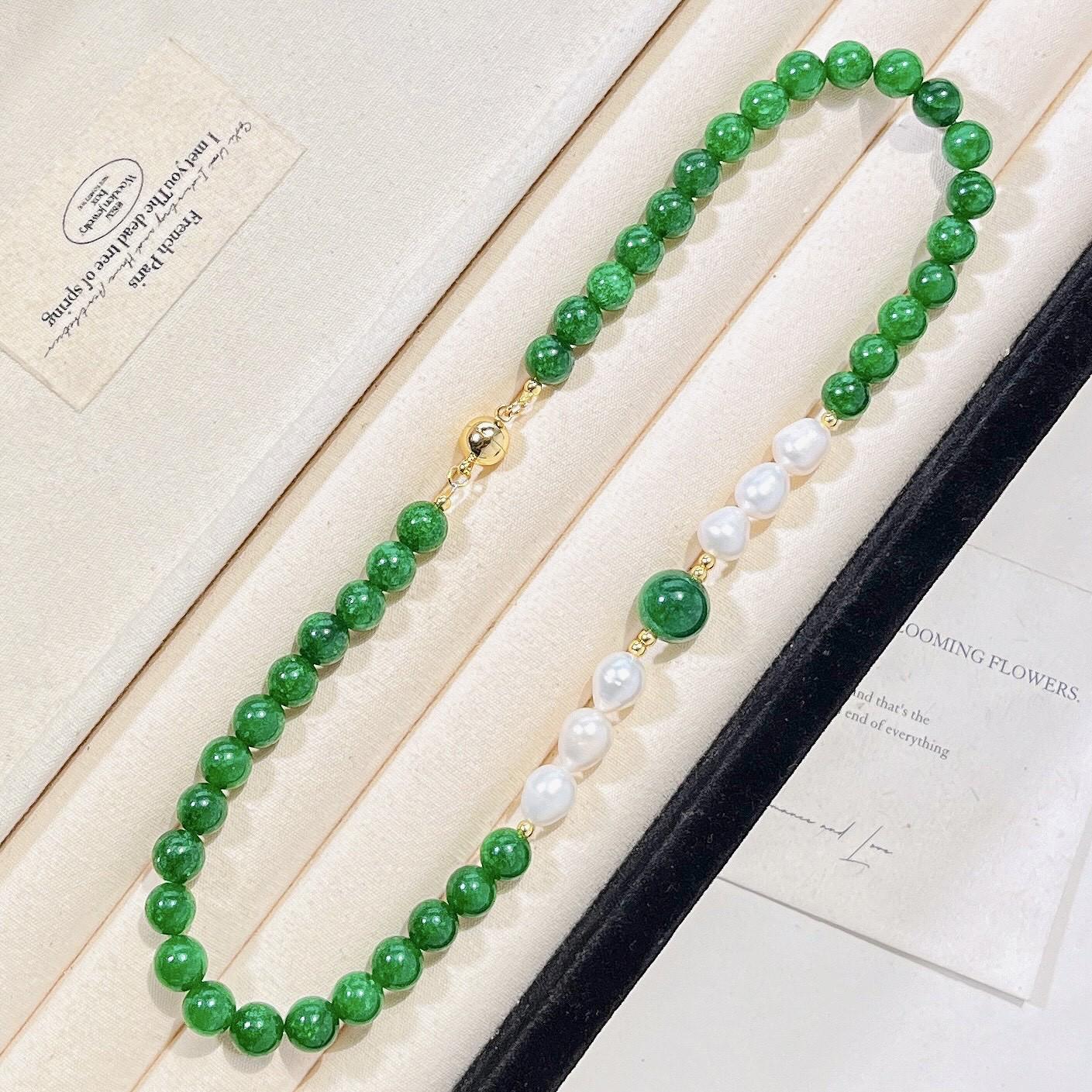 Natural Freshwater Pearl Artificial Dry Green Jadeite Design Necklace Collarbone Chain Sweater Chain