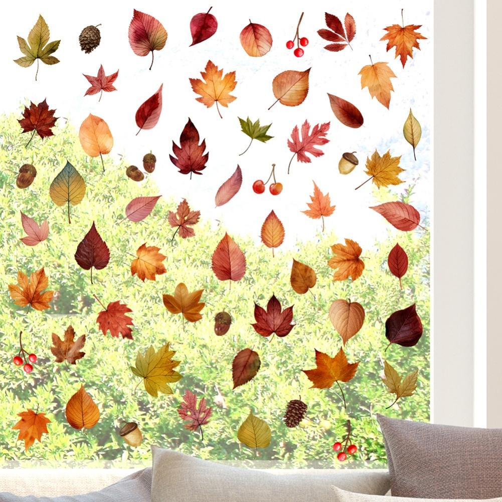 Static Cling Autumn Window Decals with Maple Leaf Ginkgo Pine Cone Designs for Home and Office Fall Decoration
