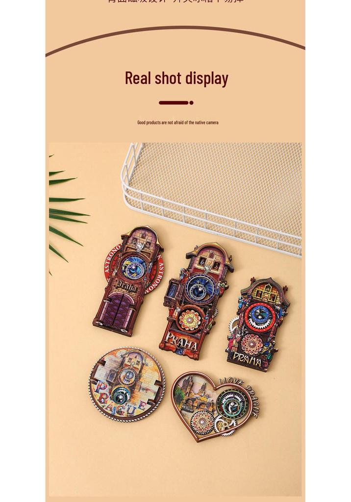 Prague Astronomical Clock 3D Wooden Magnet with Rotating Gears - Czech Travel Souvenir