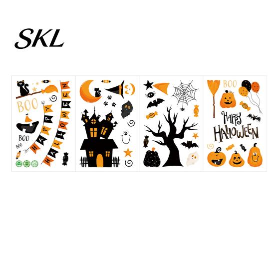 Bright Color Halloween Decals 4 Sheets Electrostatic Glass Stickers, Cartoon Pumpkins Castle Bats Window Stickers PVC Waterproof Static Clings