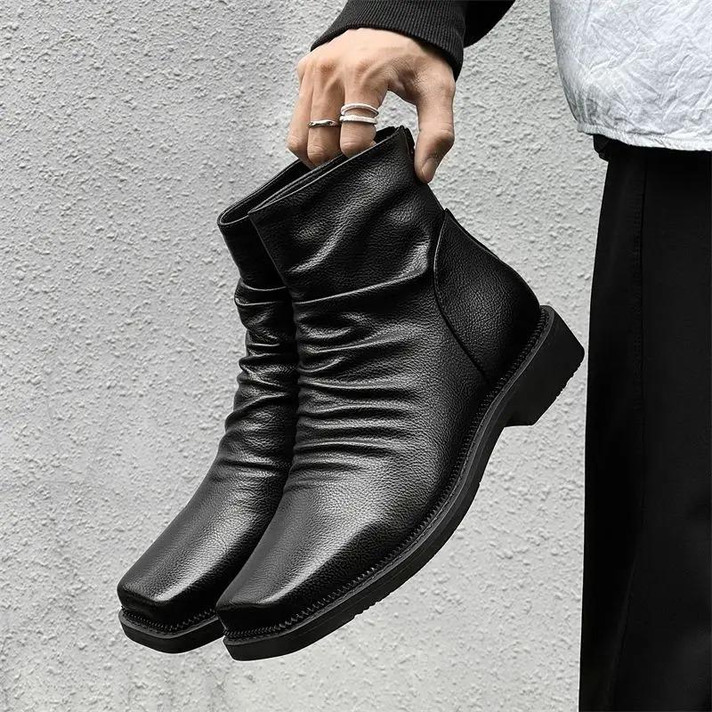 Stivali Uomo Alta Qualità Stivali Vera Pelle Moda Punta Quadrata Stivaletti Alti Stivali Chelsea Neri Casual Business Dress Botas cm nero