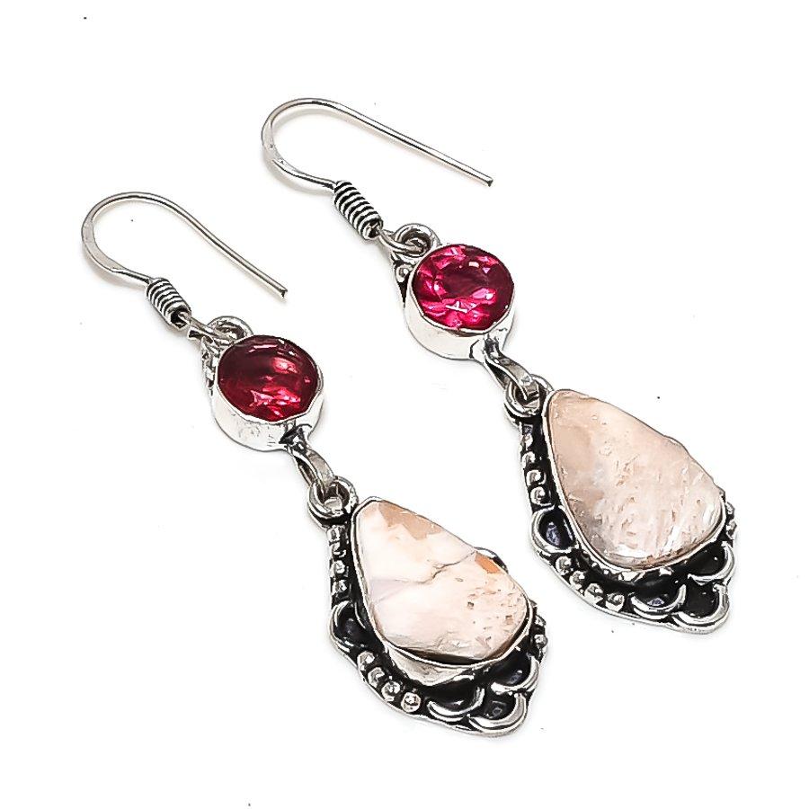 Natural Scolecite, Garnet 925 Sterling Silver Jewelry Earring 2.25" Y9M53