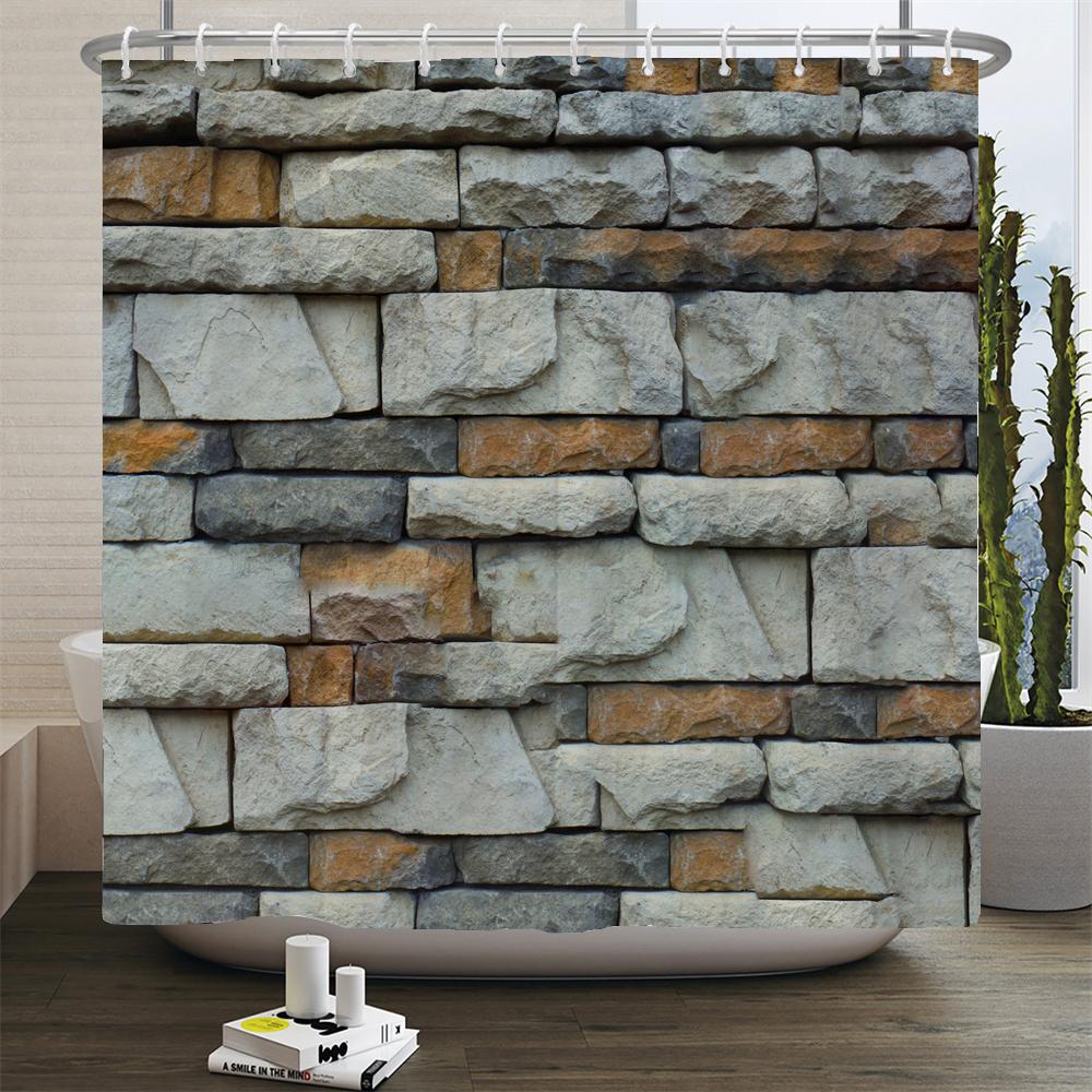 Vintage Wood Grain Shower Curtains Rural Brick Wall Rock Bath Curtain Polyester Fabric Home Bathroom Decor Curtain with Hooks