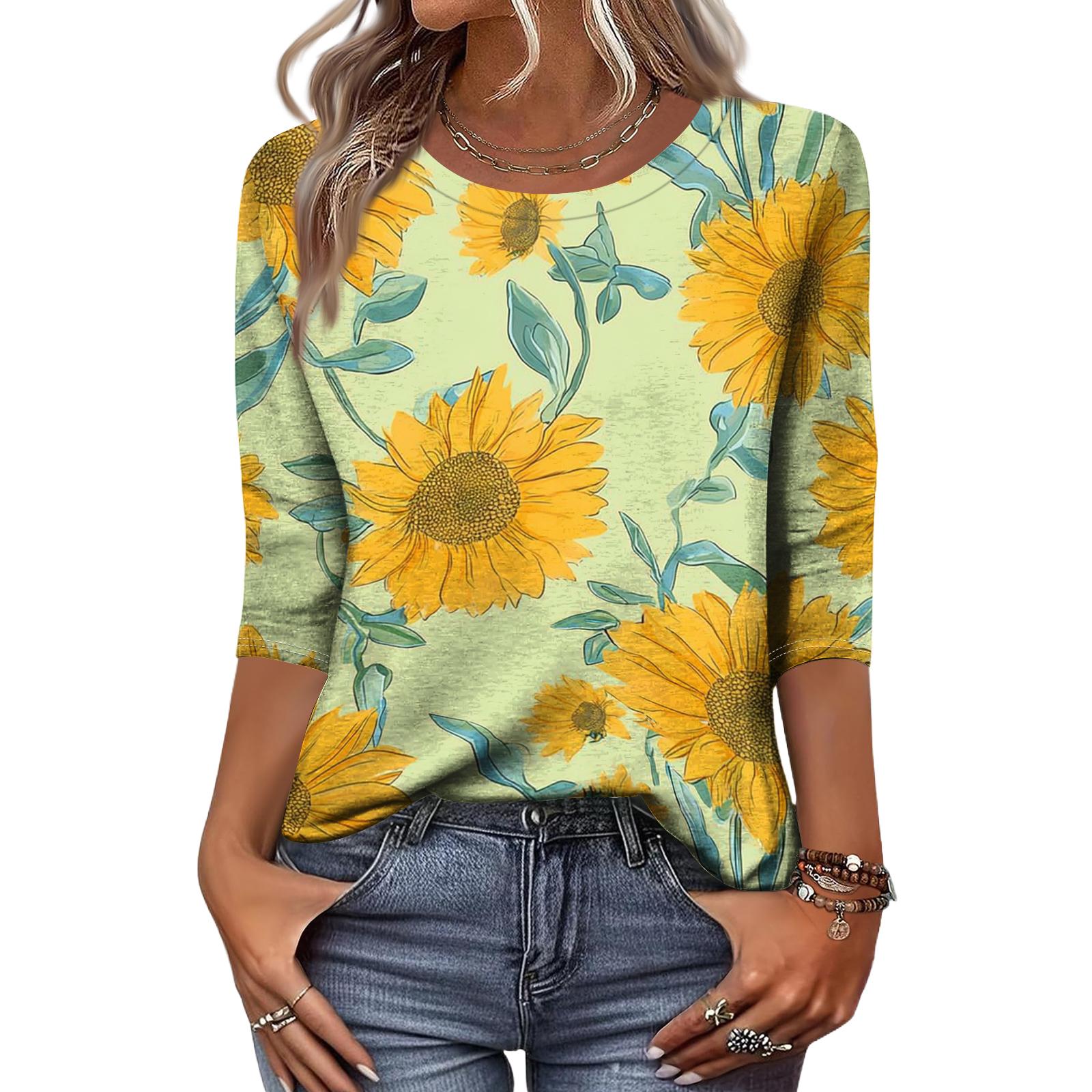 

Women’s Long Sleeve Casual Crewneck Top with Sunflower Print Loose Fit Lightweight Pullover Blouse for Daily Wear L циан