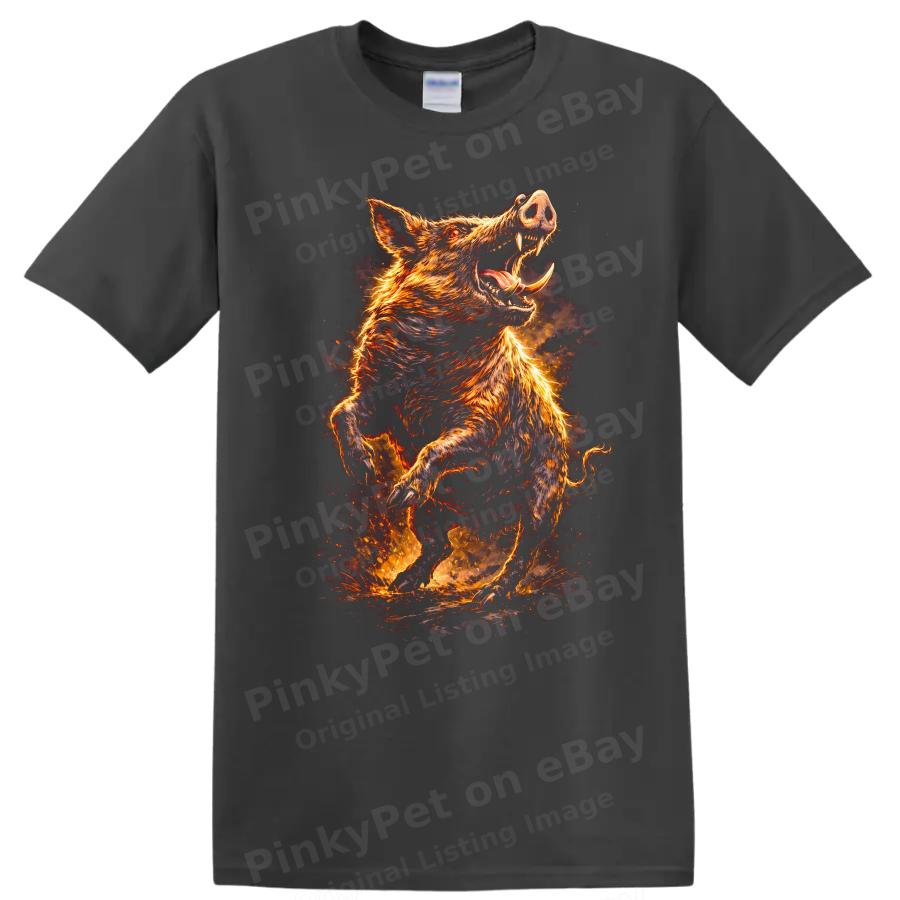 Fiery Boar Graphic T Shirt Wild Animal Art Design Fantasy Theme Tee