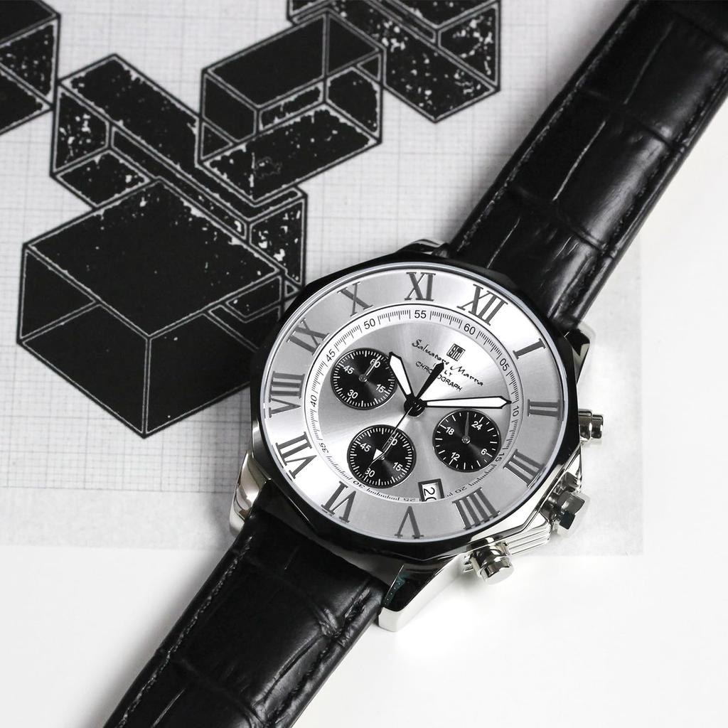 Chronograph 10 ATM Water Leather Panda [Salvatore Marra] Men's Watch, Resistant, Business/Formal Style, Strap, Silver, White/Black, Design,