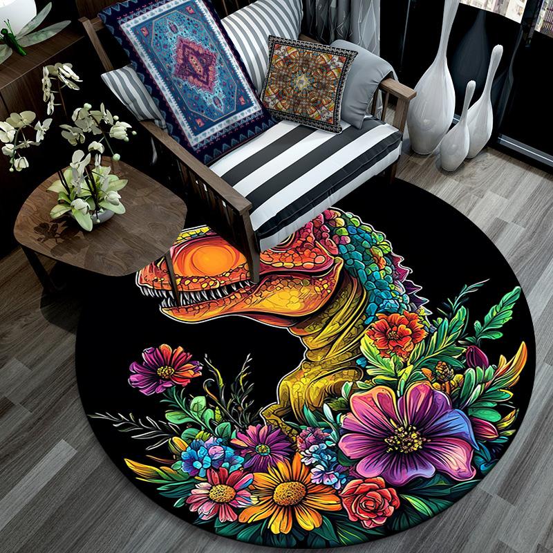 Colorful Dinosaur Round Area Rug,Carpet Rug for Living Room Bedroom Sofa Playroom Decor,Non-slip Floor Mat