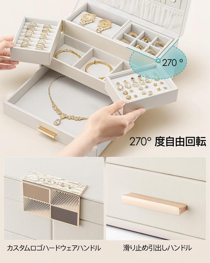 Vlando Jewelry Large with Drawer Tray and Rotating Tray for and Jewelry Accessory Gift for and Women Box, Capacity, Three-Tier, Necklaces, Rings,